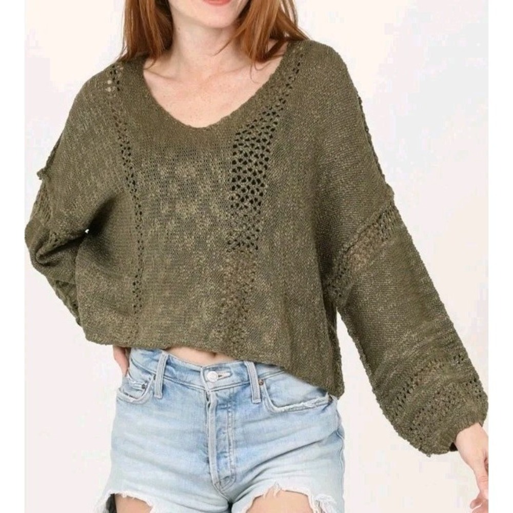 Angie Olive Open Knit Cropped Sweater Sz Small Boho lightweight pullover airy